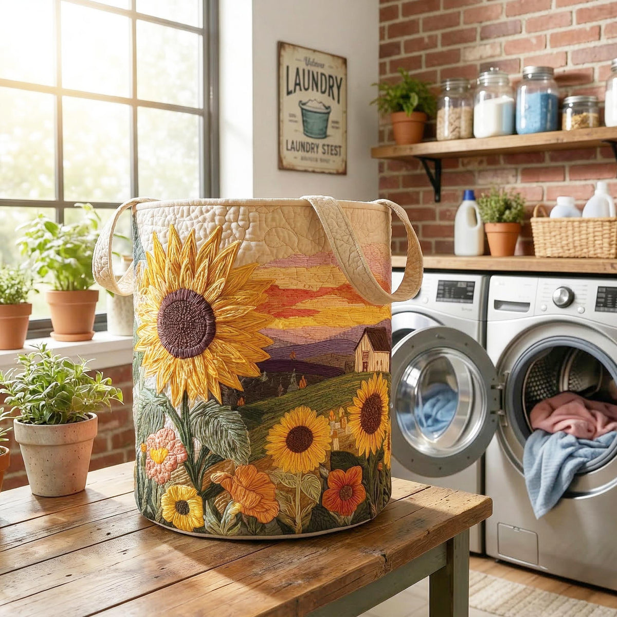 Quilted Laundry Basket with Floral Design