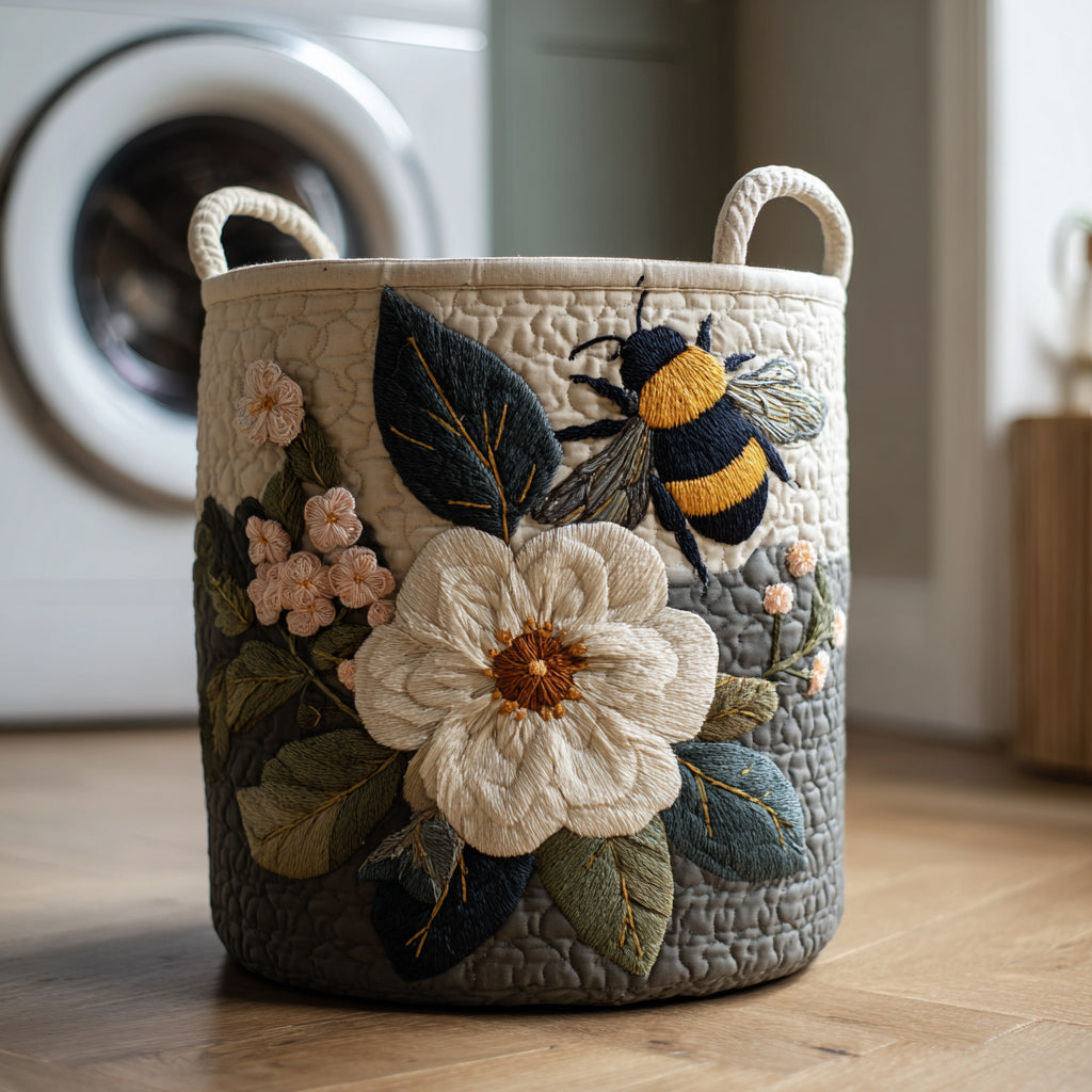Quilted Laundry Basket with Bees and Flowers