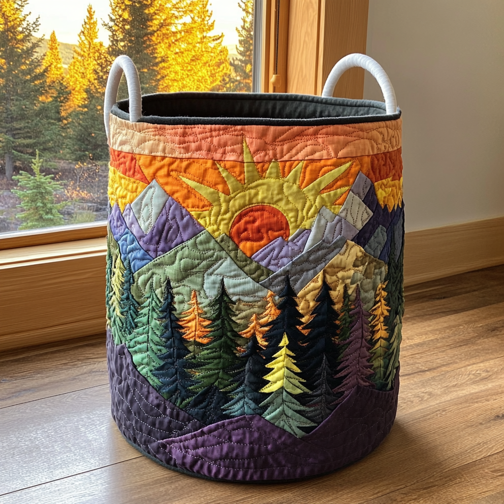 Quilted Laundry Basket with Forest Landscape