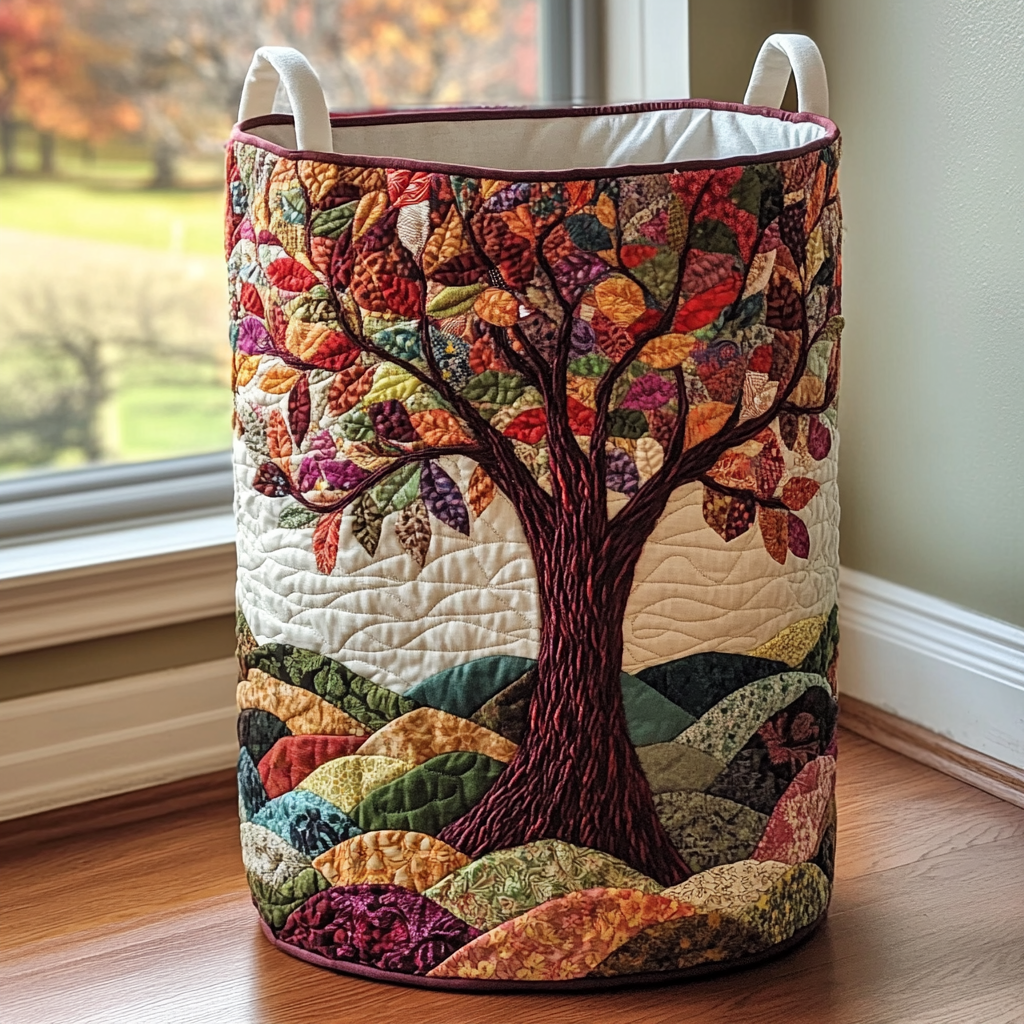 Quilted Laundry Basket with Nature Landscape
