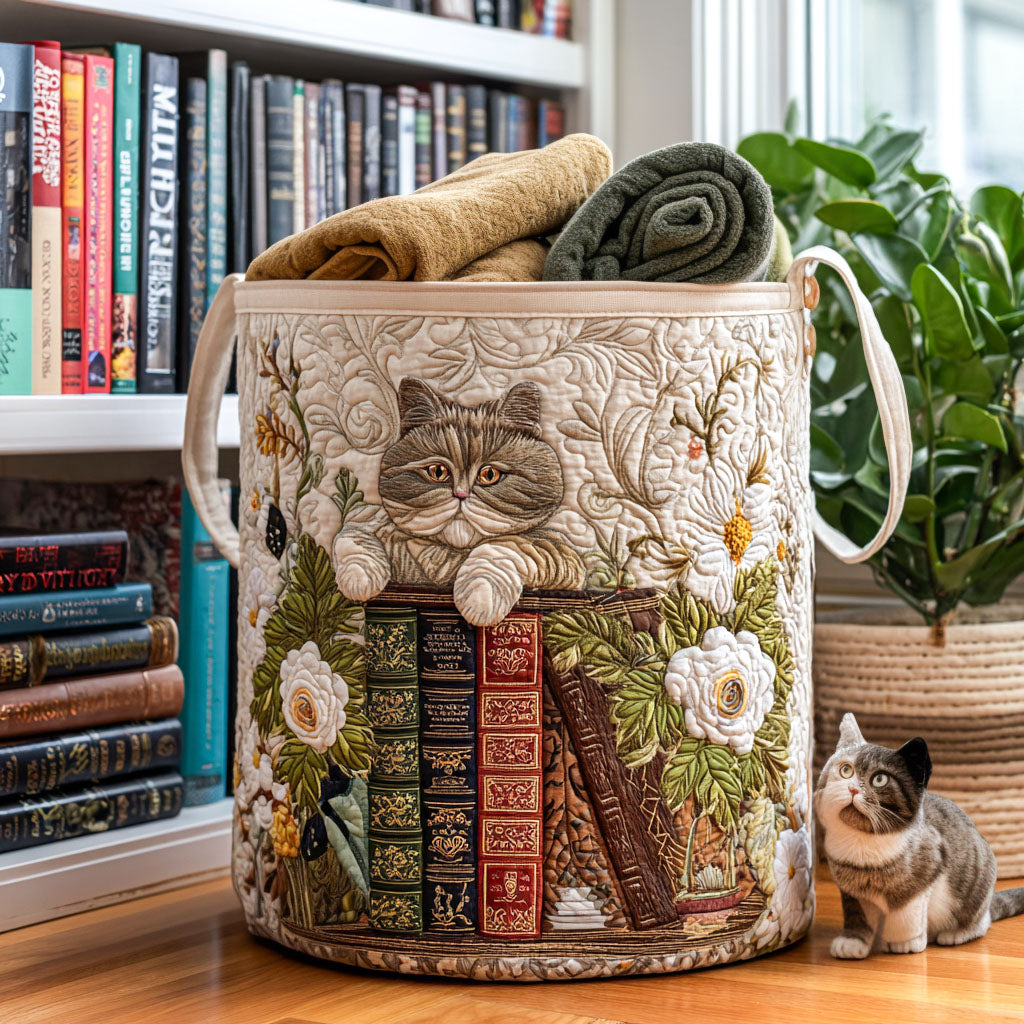 Quilted Laundry Basket with Cosy Cat