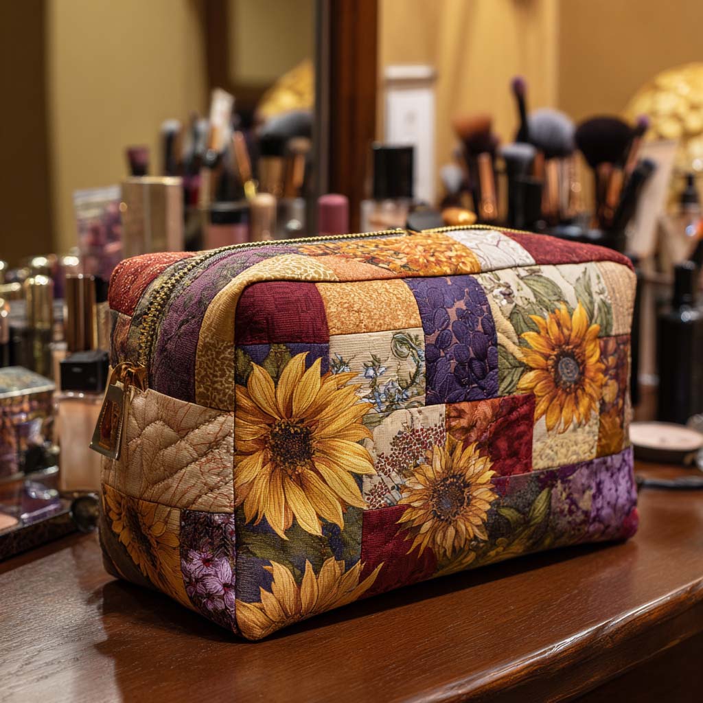 Quilted Makeup Bag with Golden Flower