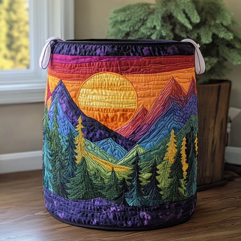 Quilted Laundry Basket with Mountain Panorama