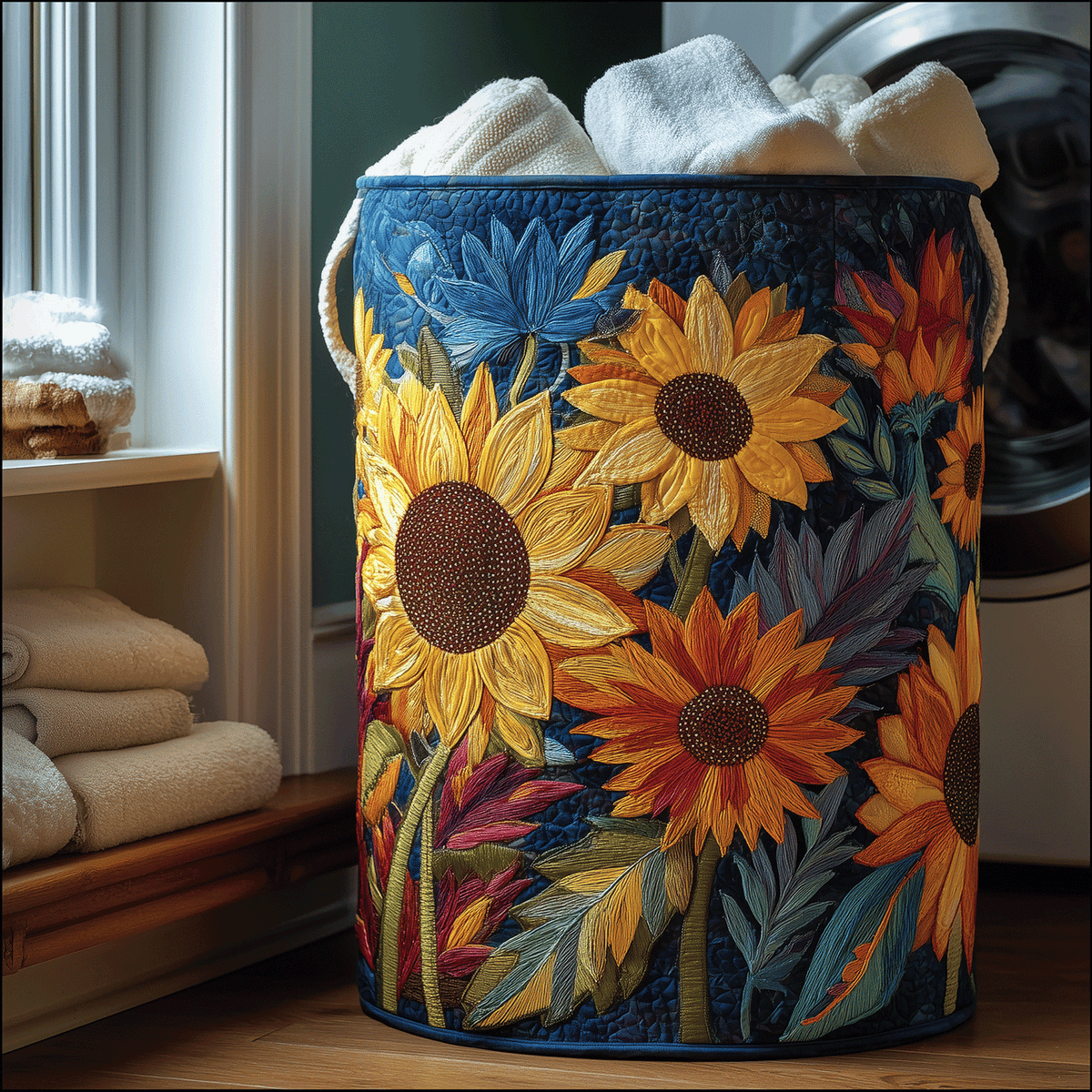 Quilted Laundry Basket with Golden Petals