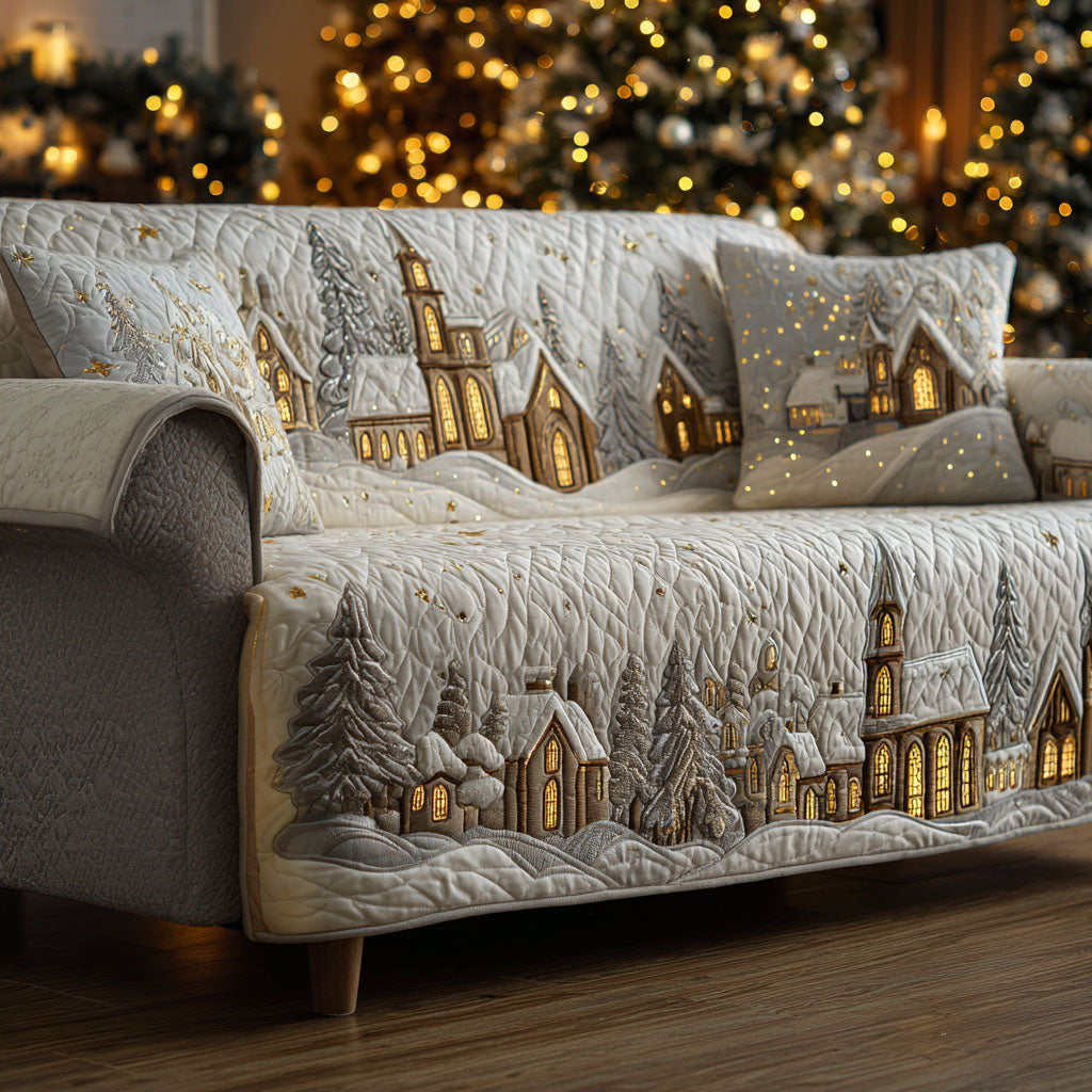 Quilted Sofa Cover – with Winter Cabin