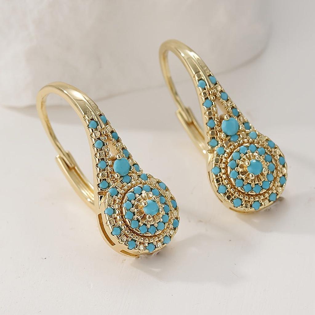 Gold Stud Earrings with Several Elements with Turquoise