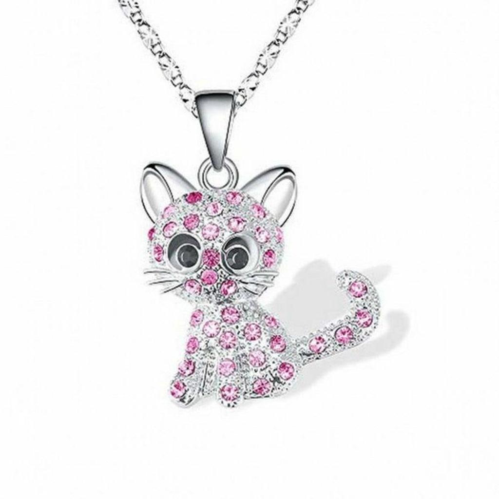 Necklace with Kitten and Colourful Zirconia in White Gold