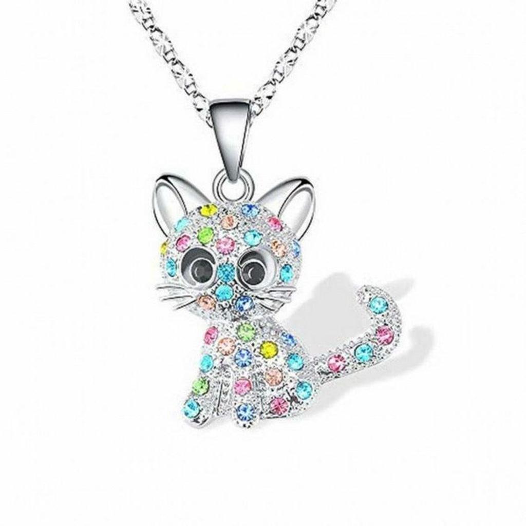 Necklace with Kitten and Colourful Zirconia in White Gold