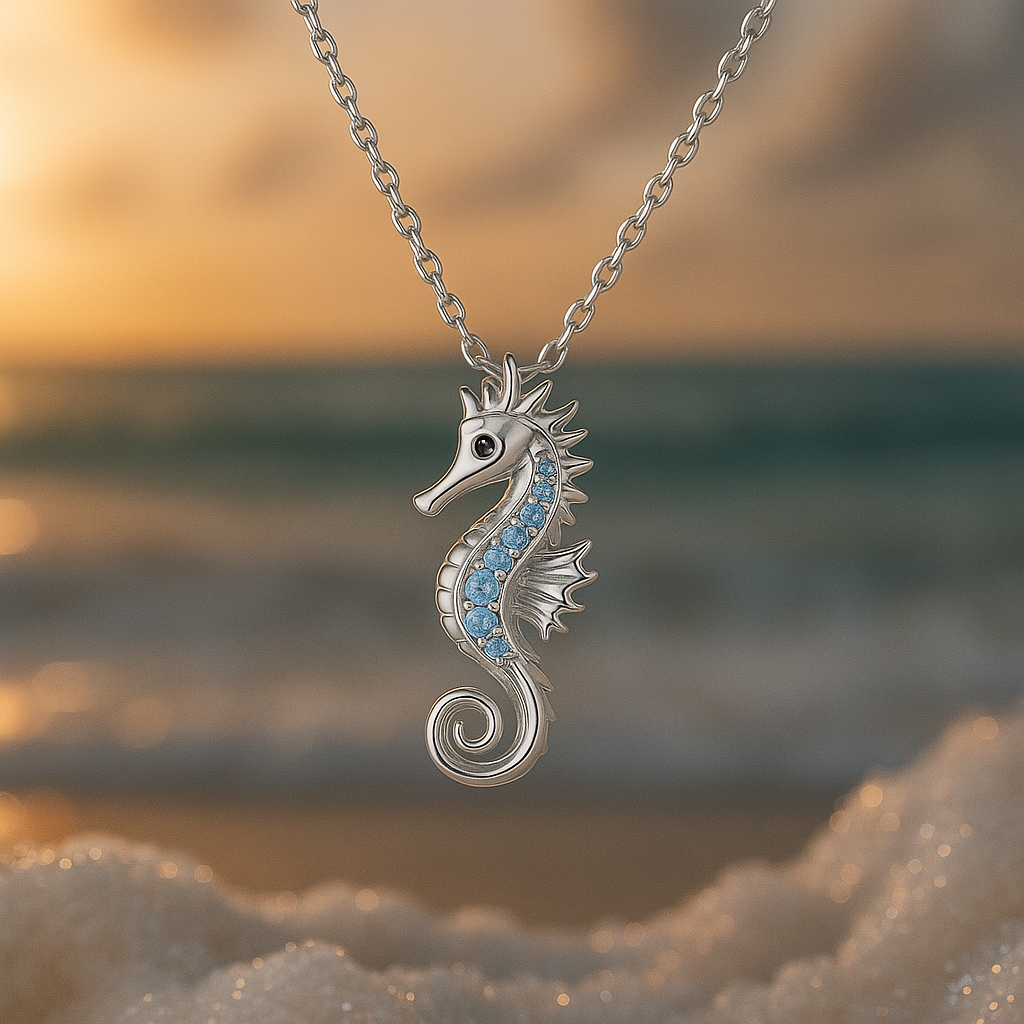 Necklace with Seahorse and Opal in White Gold
