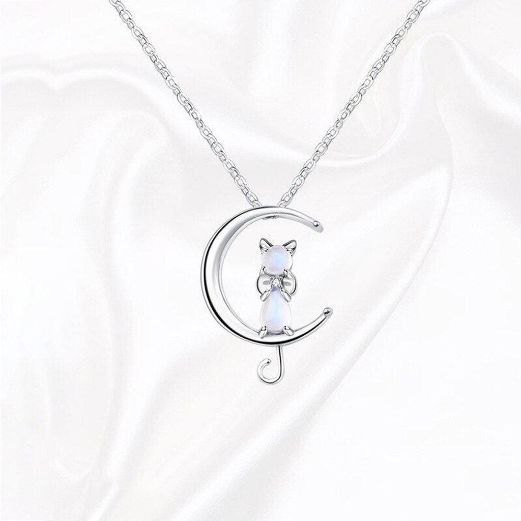 Necklace with Crescent Moon and Cat in Moonstone