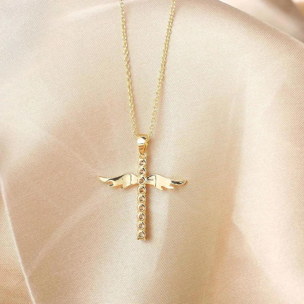 Necklace with Cross and Gold Angel Wings