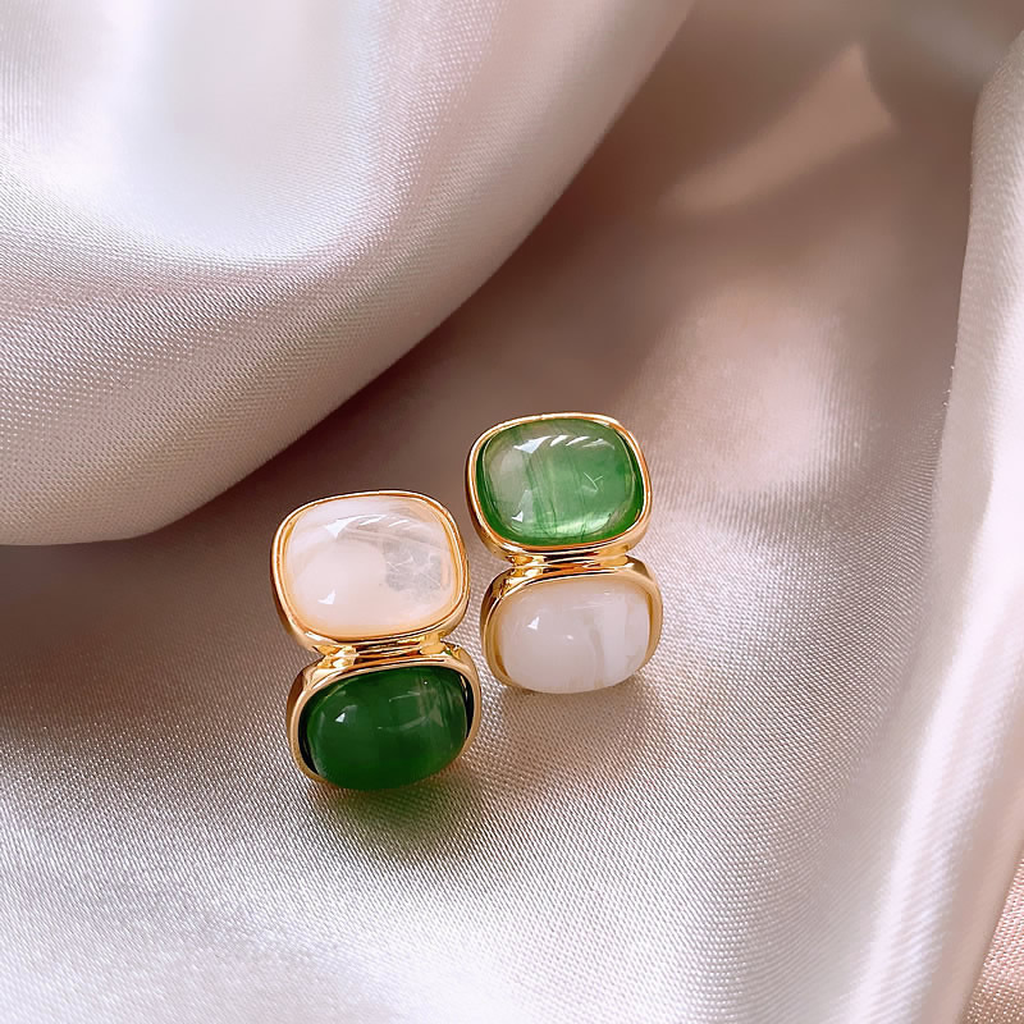 Drop Earrings with White and Green Stones in Gold