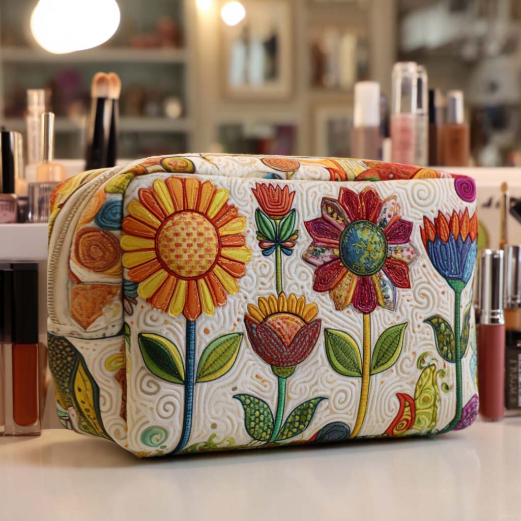Quilted Makeup Bag with Happy Flower