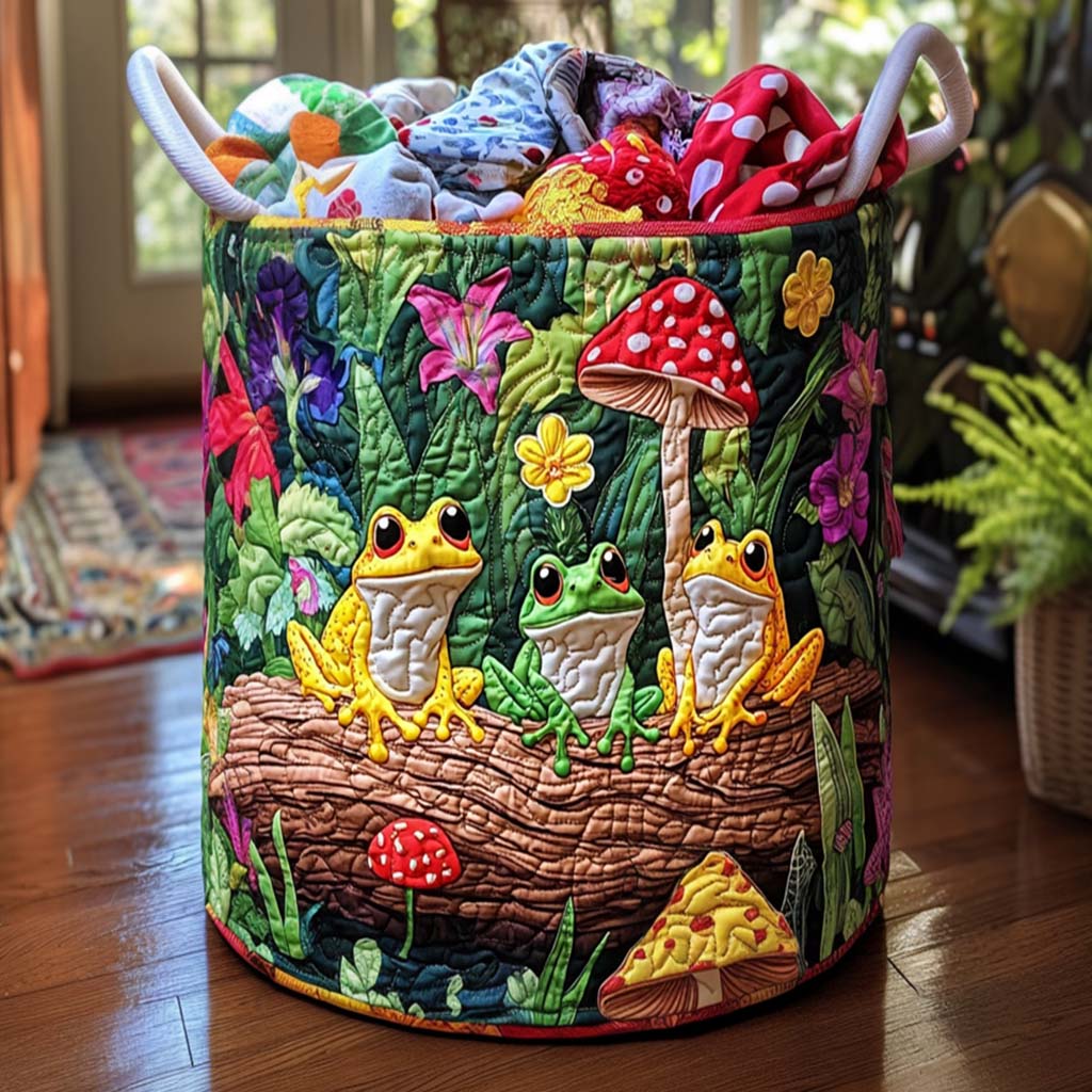 Quilted Laundry Basket with Happy Frogs