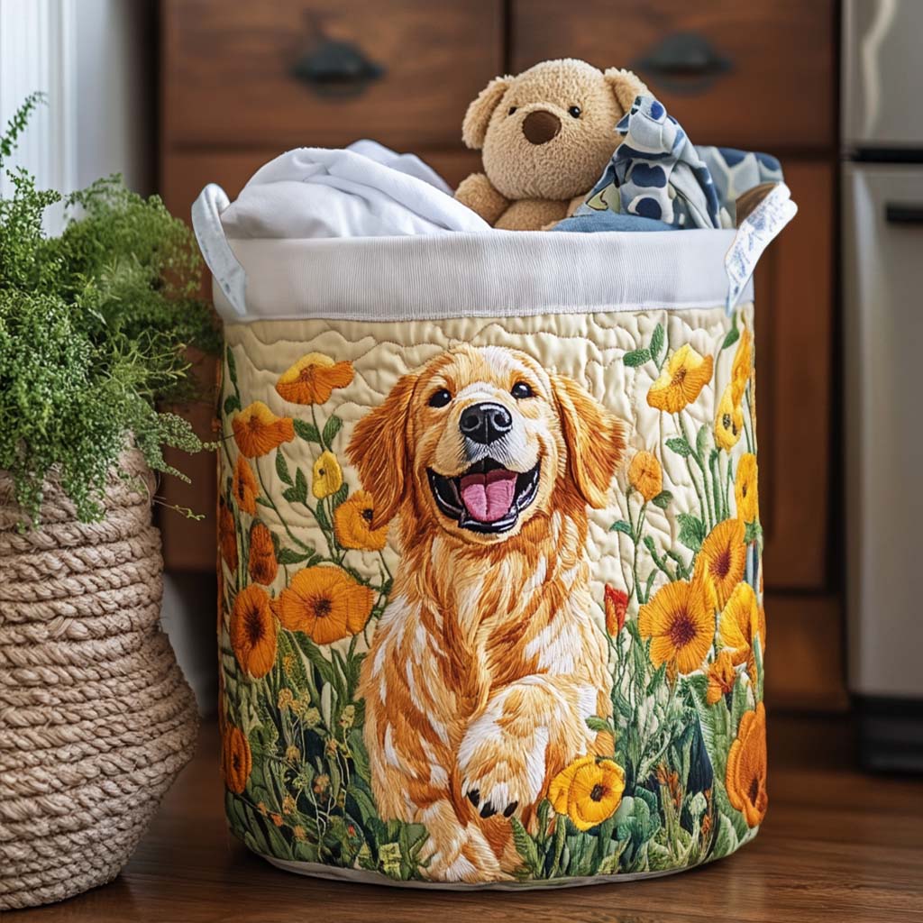 Quilted Laundry Basket with Happy Puppies