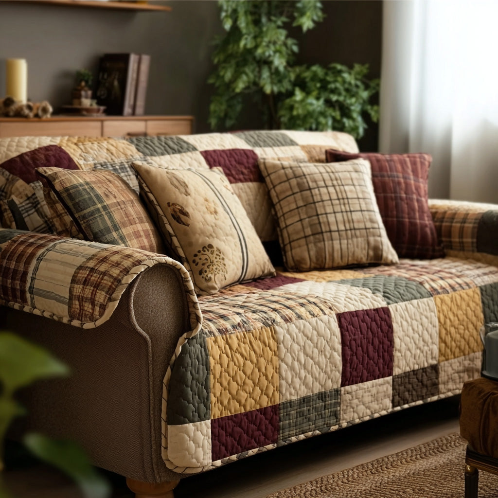 Quilted Sofa Cover with Autumn Check Pattern