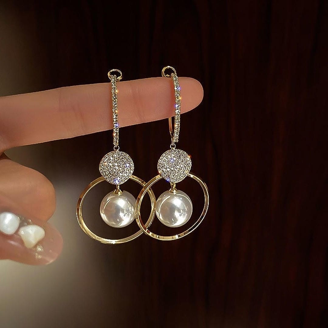 Earrings with Pearl and Zirconia Disc