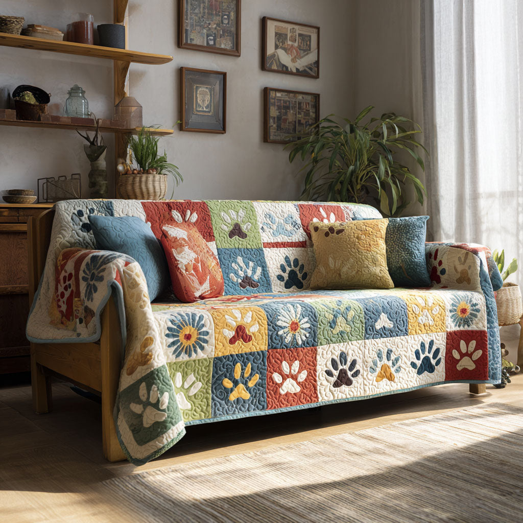 Quilted Sofa Cover with Paw Prints