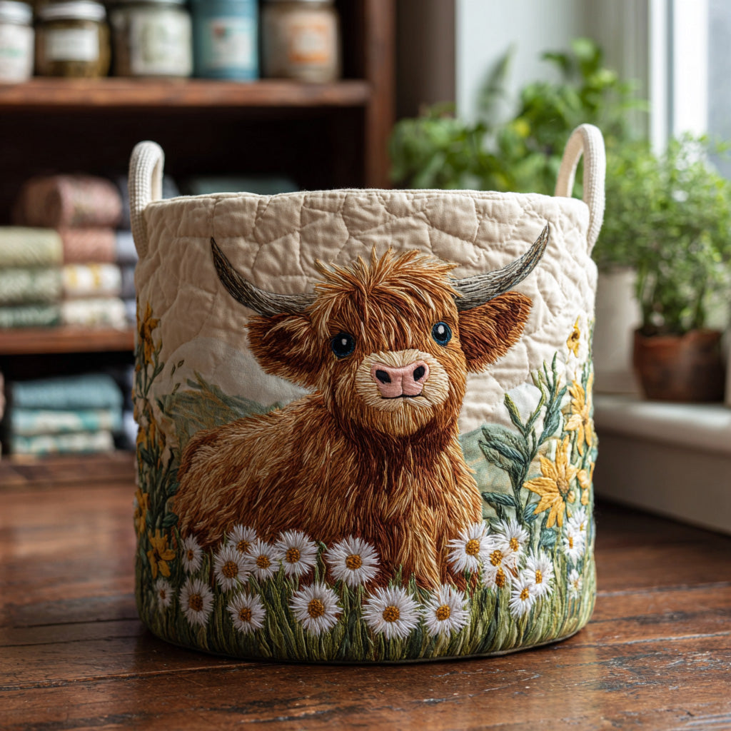 Quilted Laundry Basket with Highland Cow