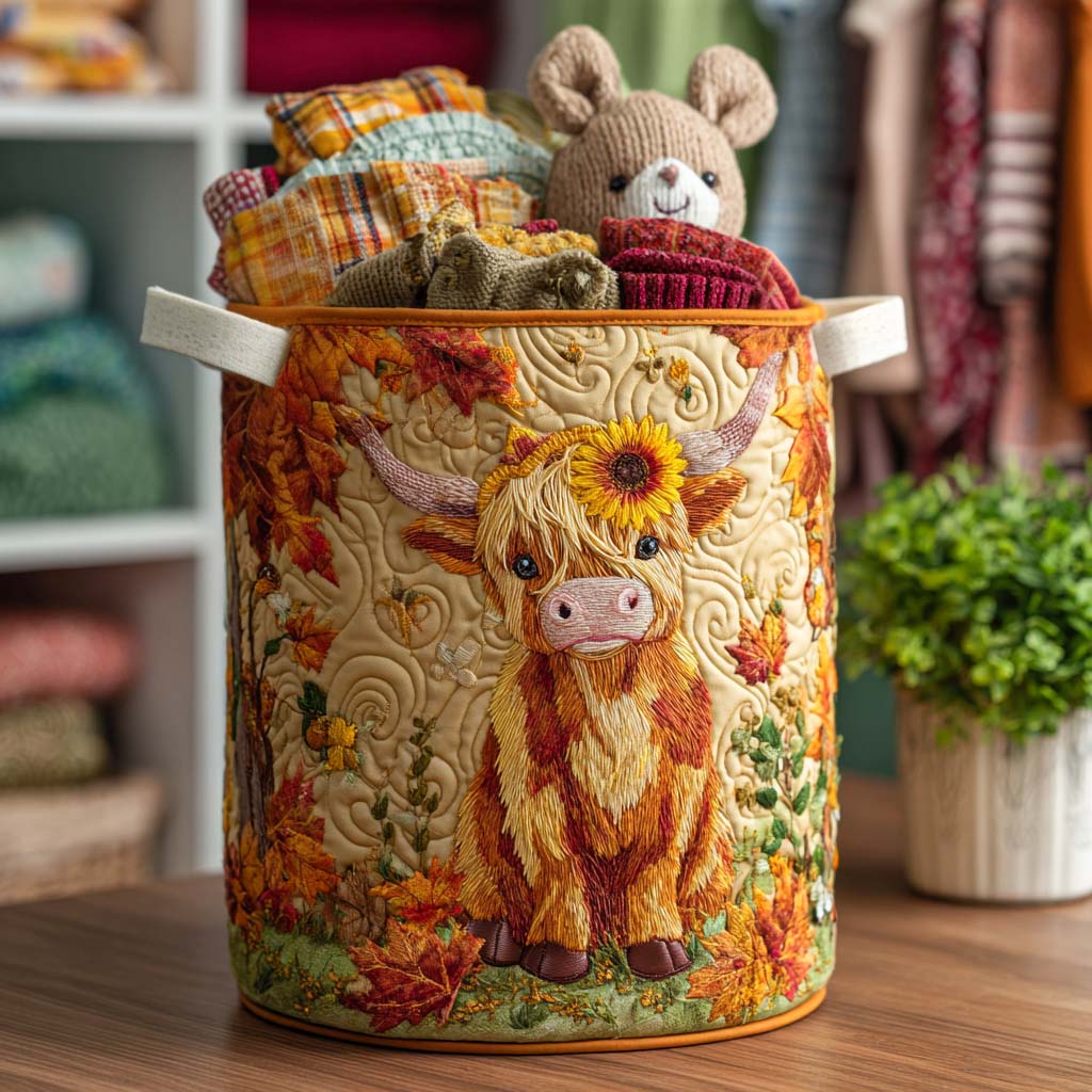 Quilted Laundry Basket with Highland Cow and Flowers