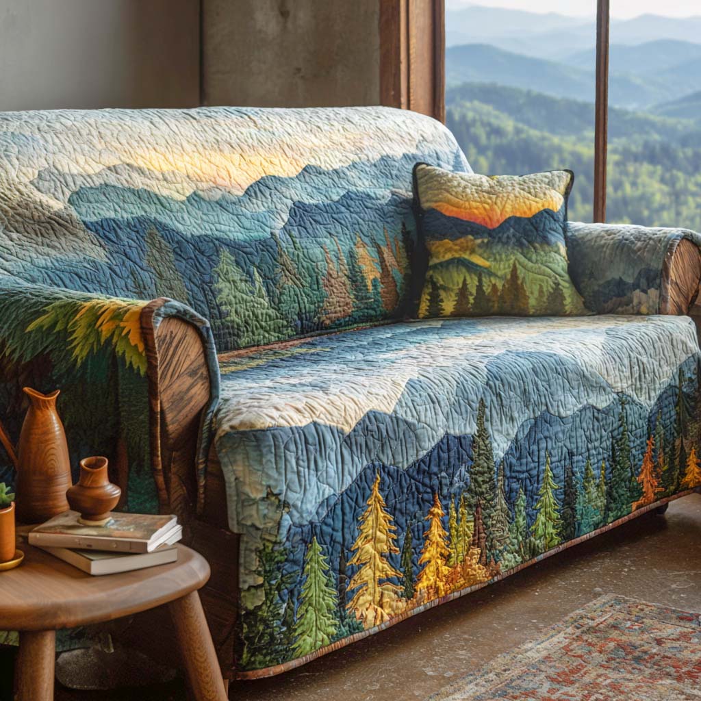 Quilted Sofa Cover with Mountain Landscape