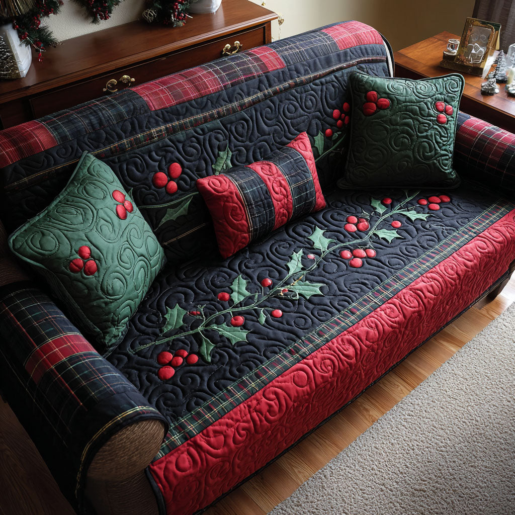 Quilted Sofa Cover with Christmas Holly Design