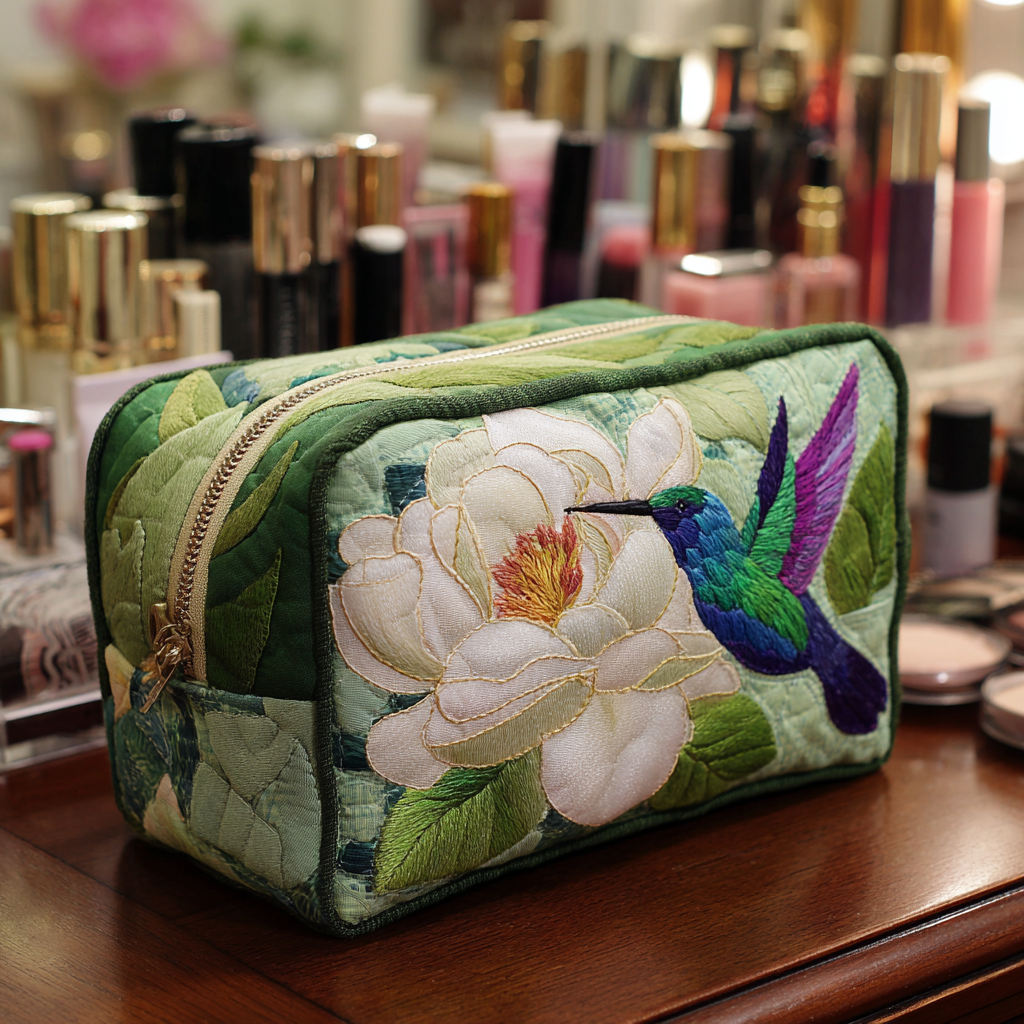 Quilted Makeup Bag with Hummingbirds