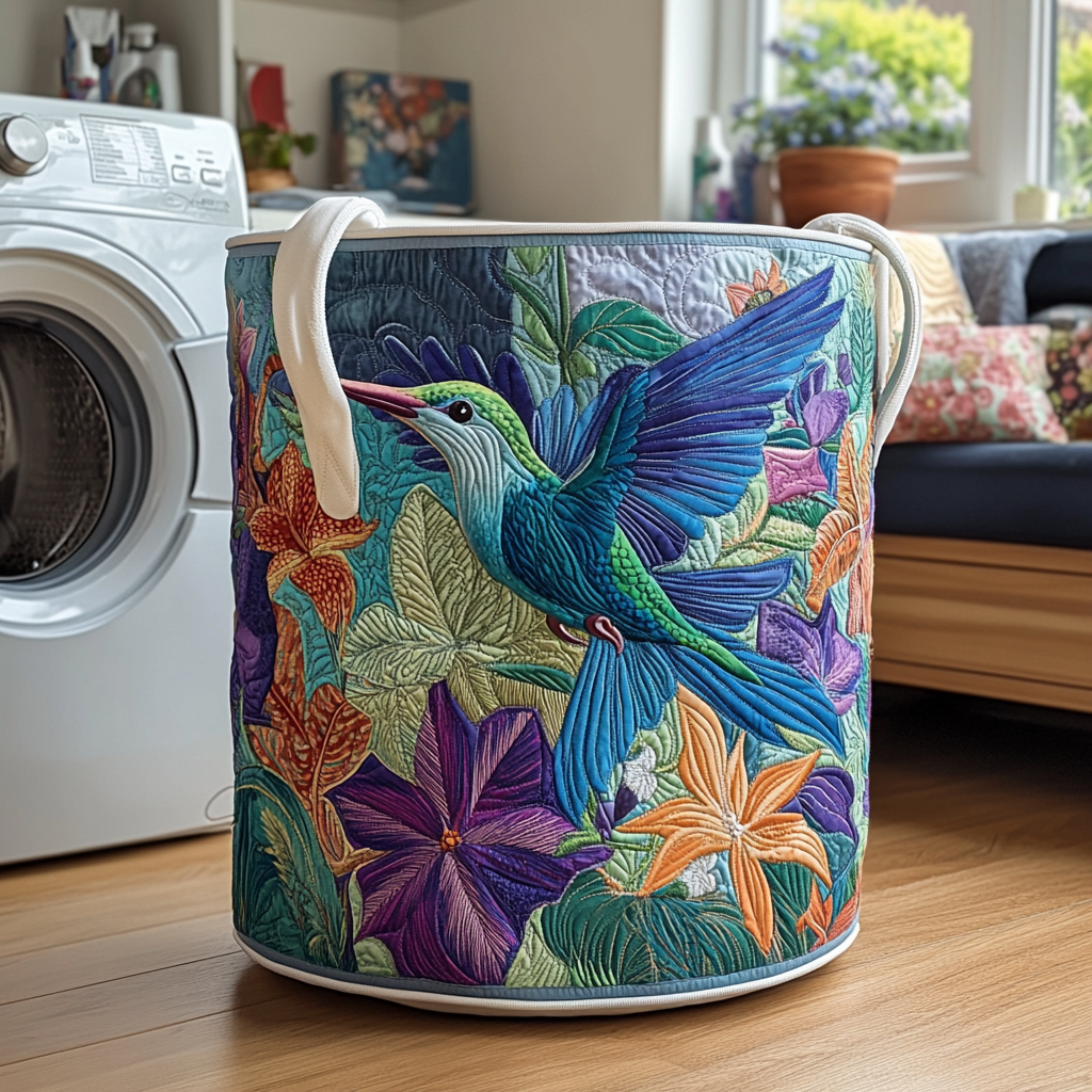 Quilted Laundry Basket with Hummingbird