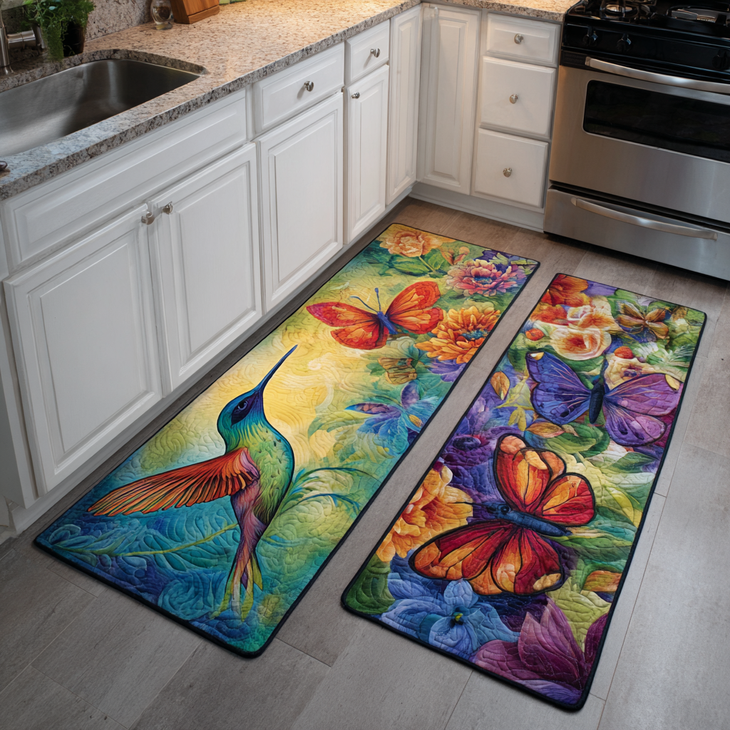 Non-Slip Kitchen Rug – Hummingbird and Garden Flowers
