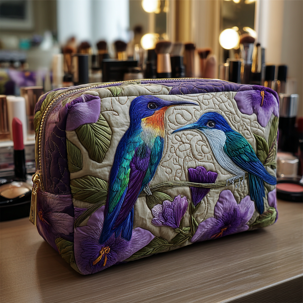 Quilted Makeup Bag with Delicate Hummingbird