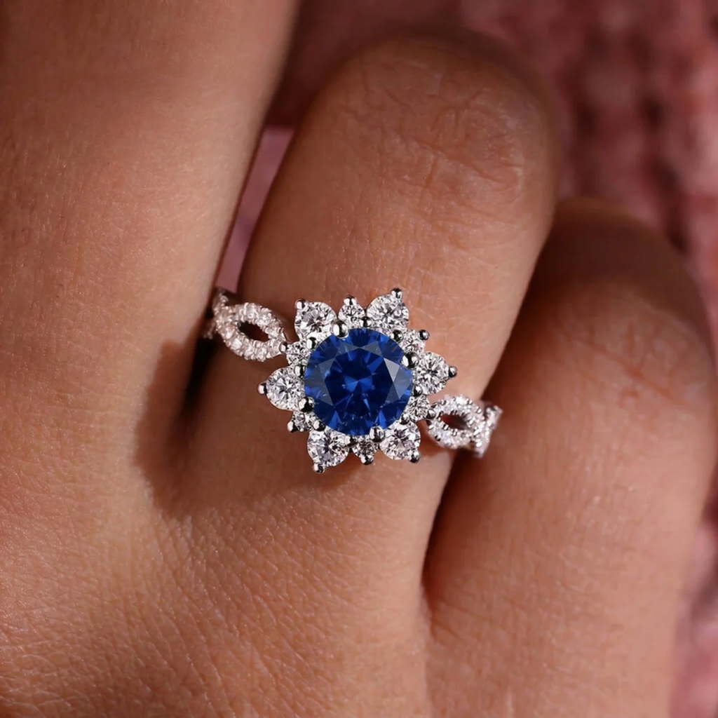 Flower Ring with Crystal and Sapphire | White Gold