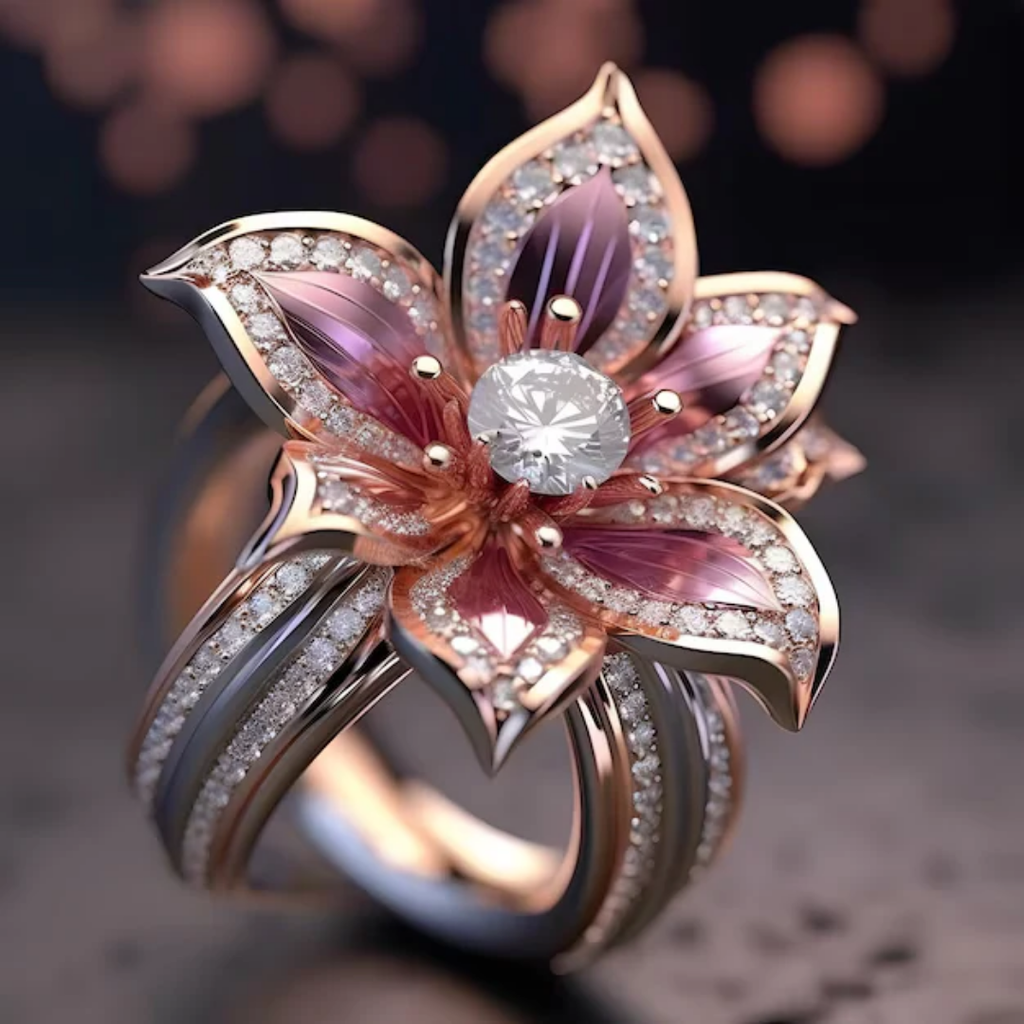 Crystal Ring with Exotic Pink Lotus Blossom