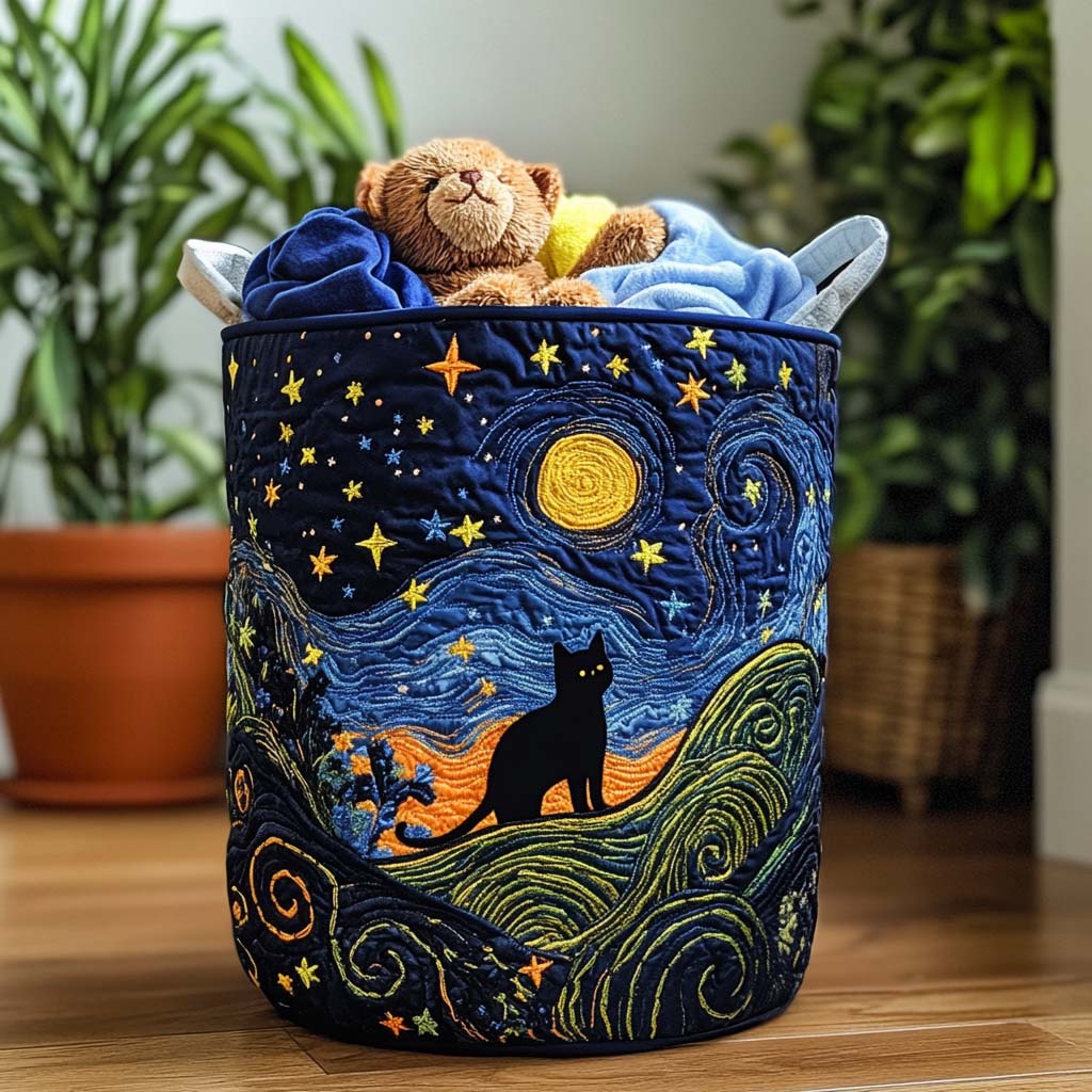Quilted Laundry Basket with Cosy Cat