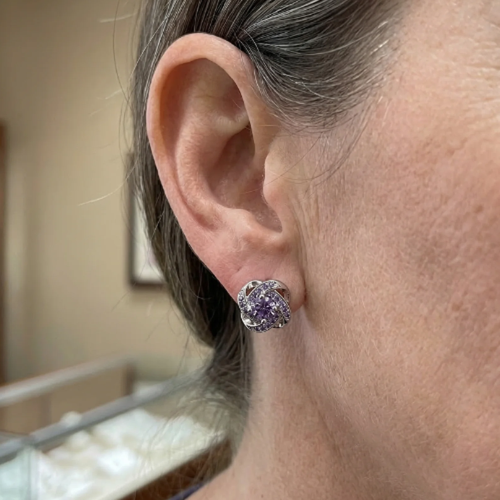 Knot Earrings with Purple Crystal | White Gold
