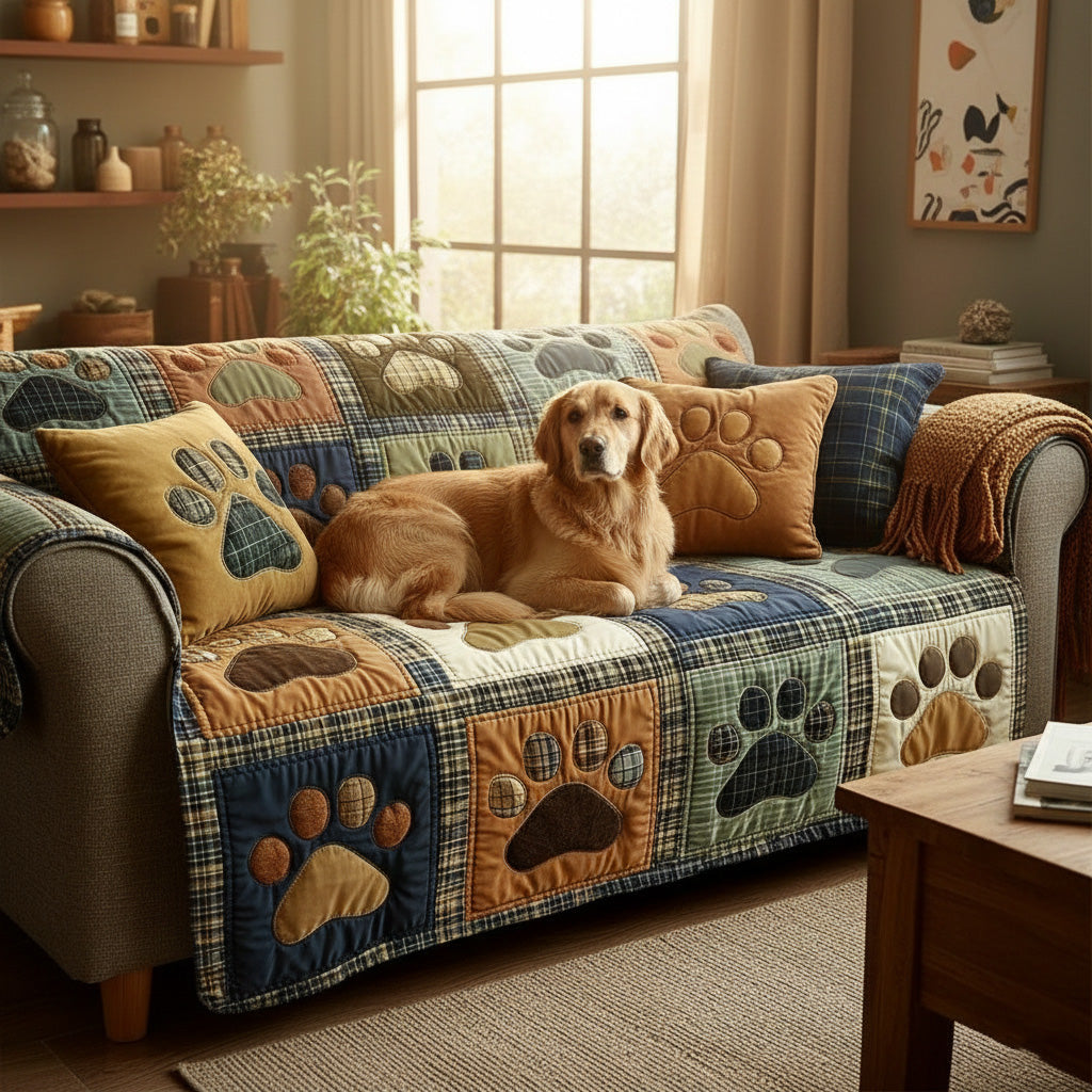 Quilted Sofa Cover with Paw and Heart