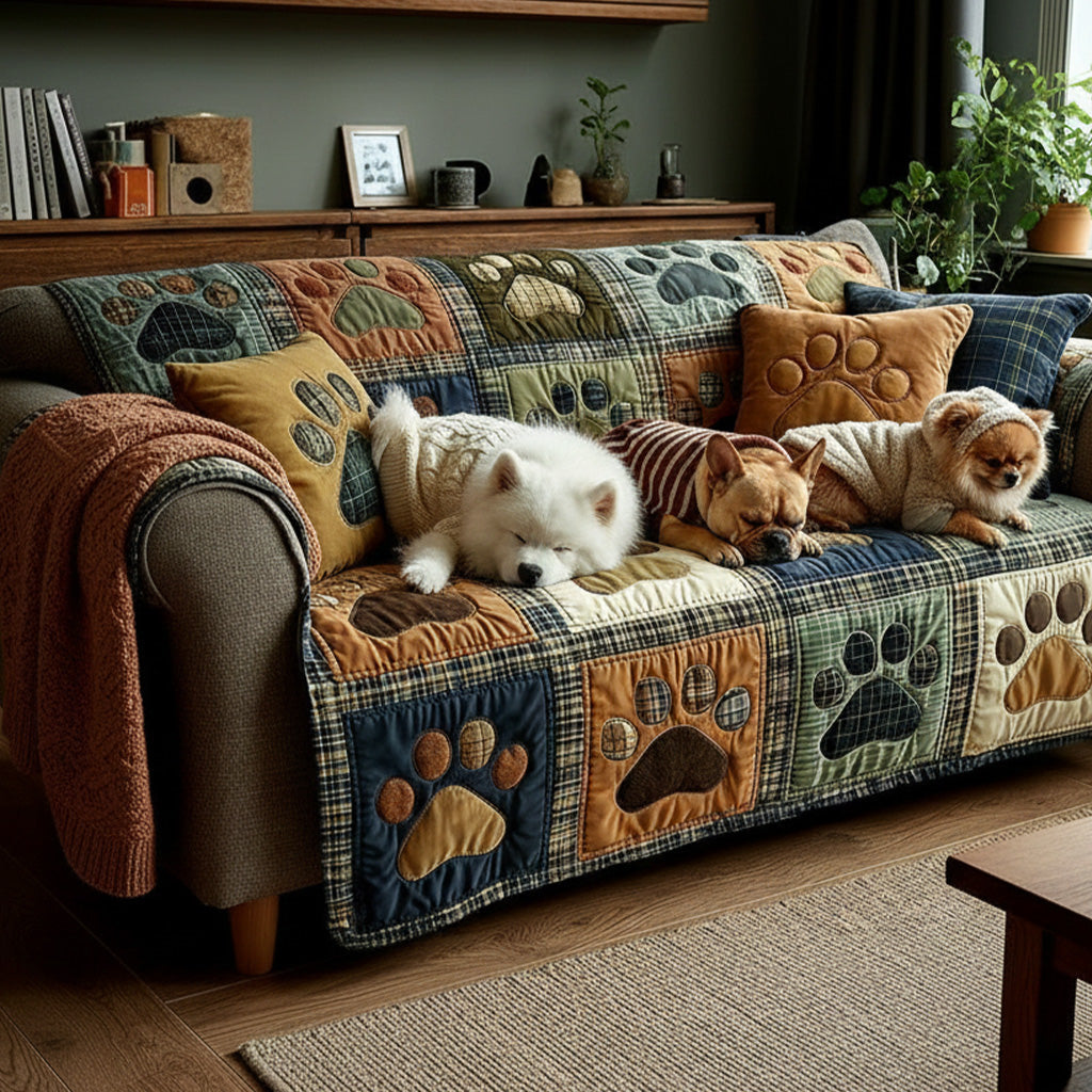 Quilted Sofa Cover with Paw and Heart