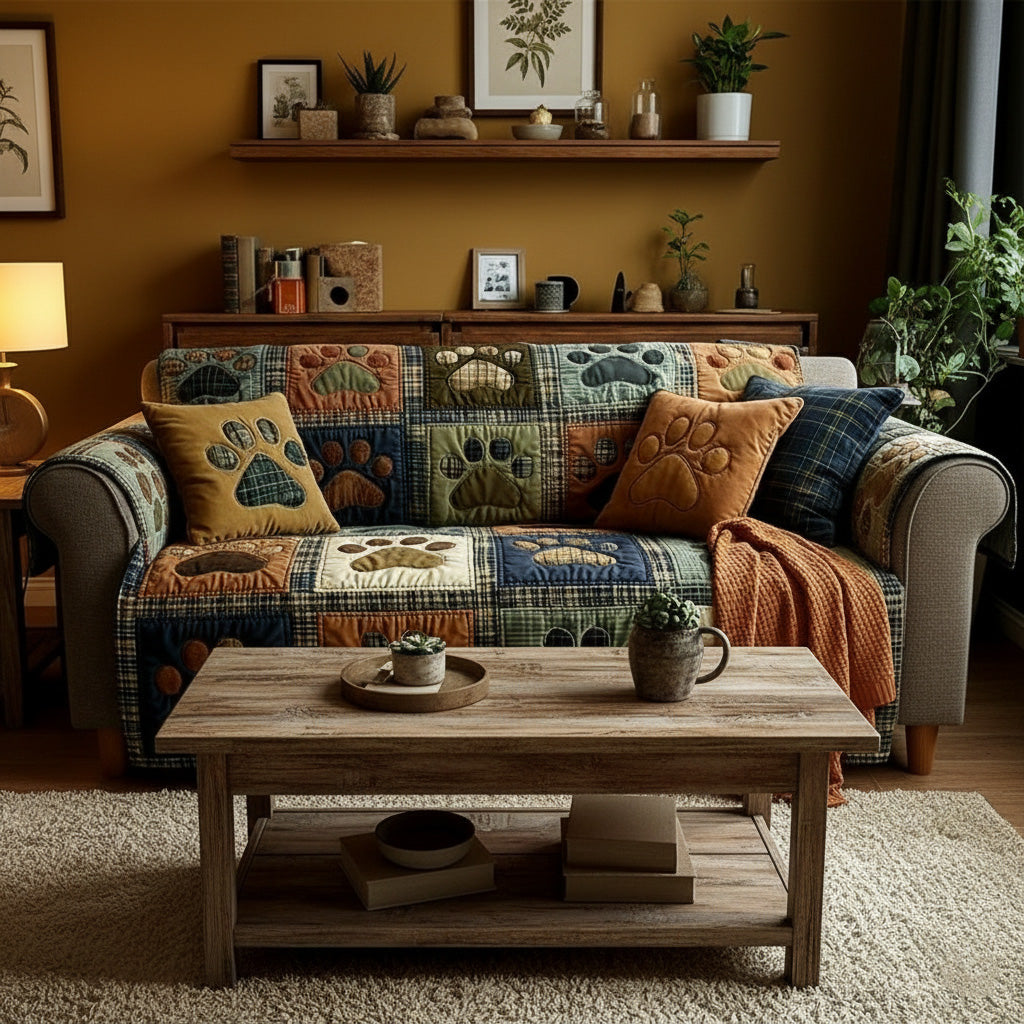 Quilted Sofa Cover with Paw and Heart