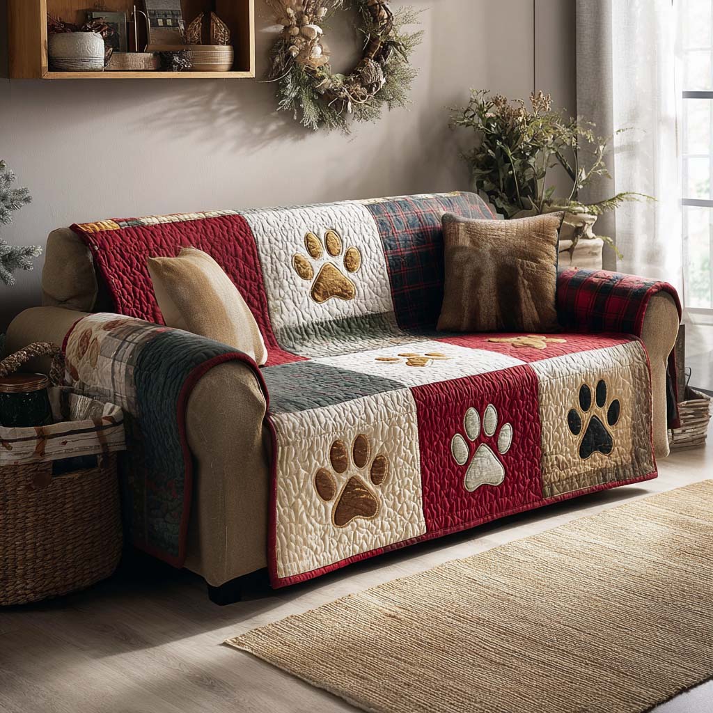 Quilted Sofa Cover with Christmas Little Paws