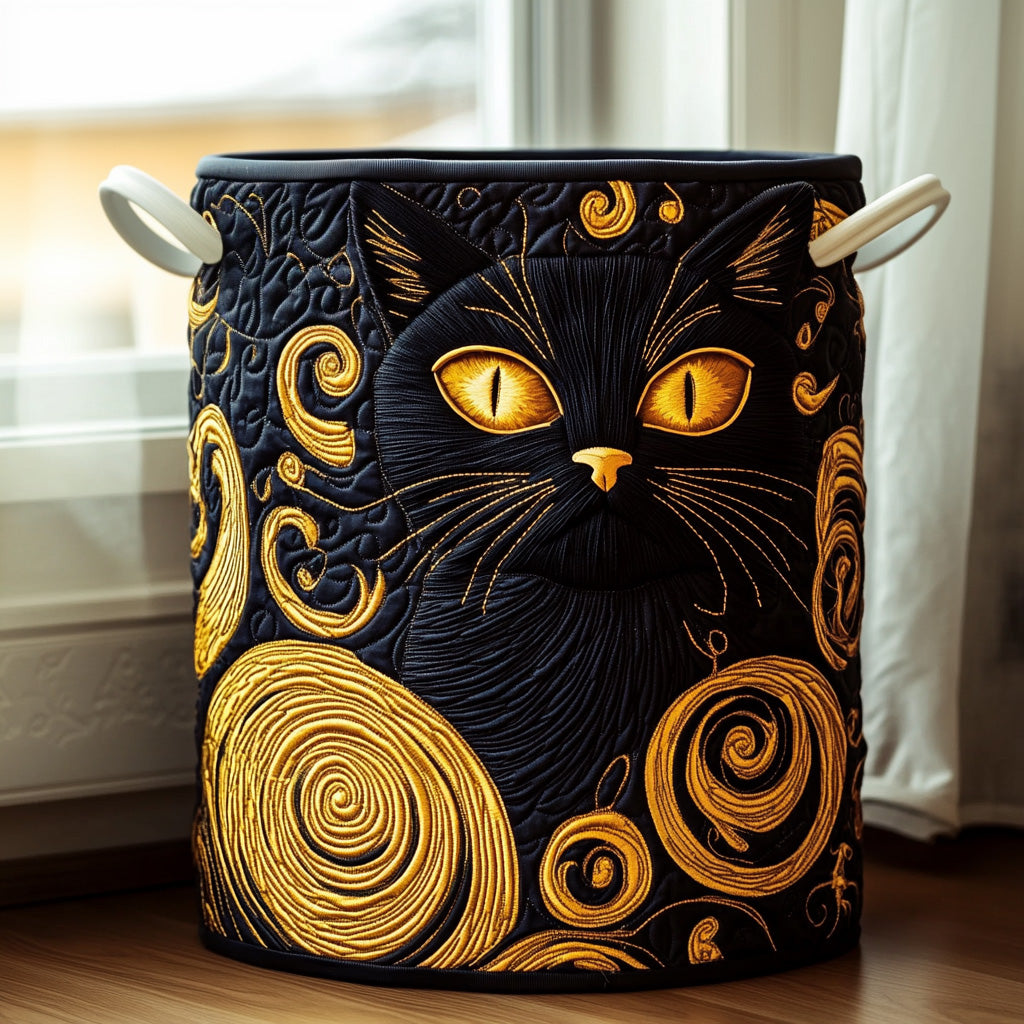 Quilted Laundry Basket with Black Cat