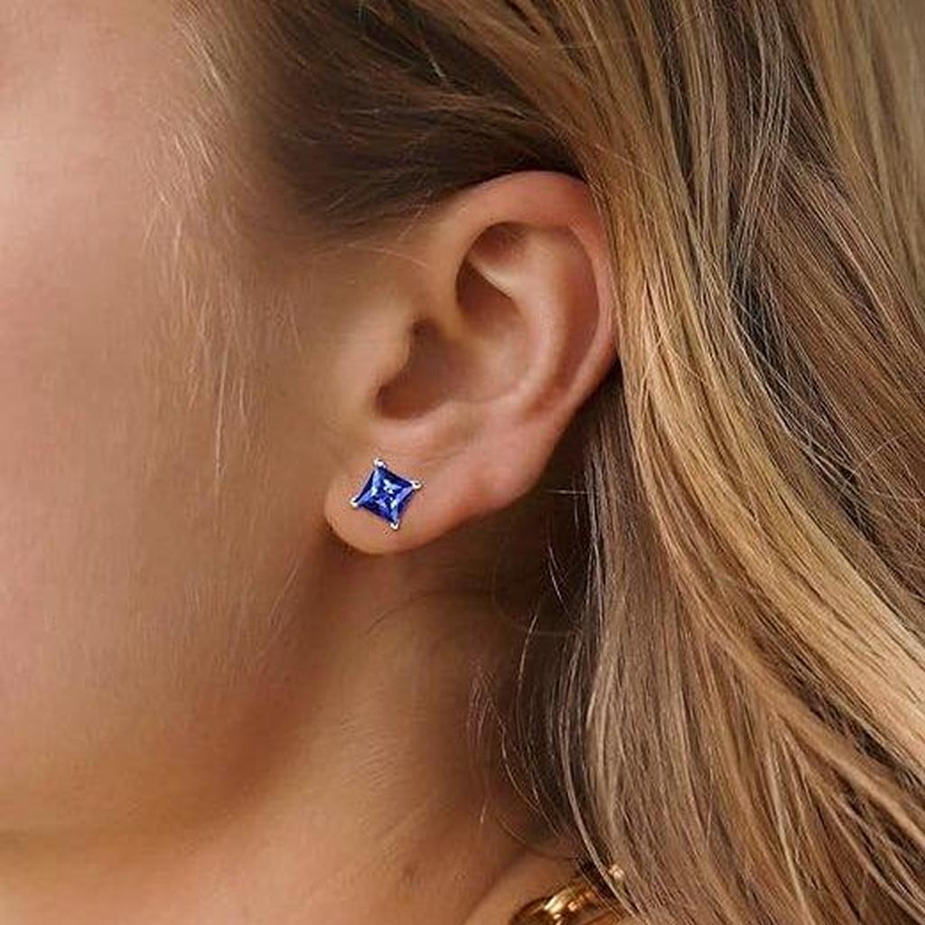 Minimalist Sapphire Stud Earrings in Princess Cut | White Gold