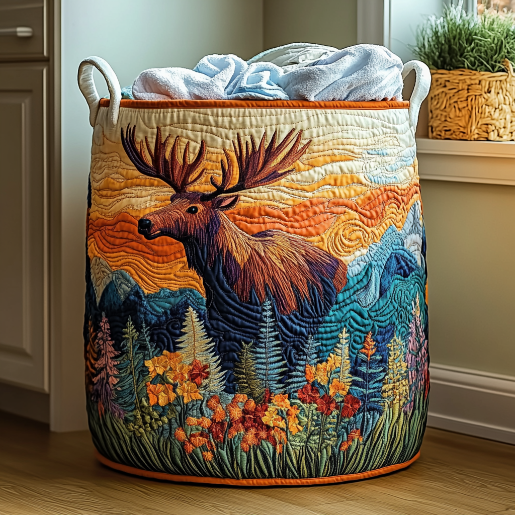 Quilted Laundry Basket with Forest Landscape