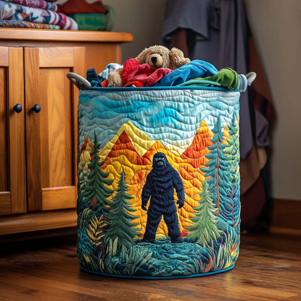 Quilted Laundry Basket with Mountain Landscape