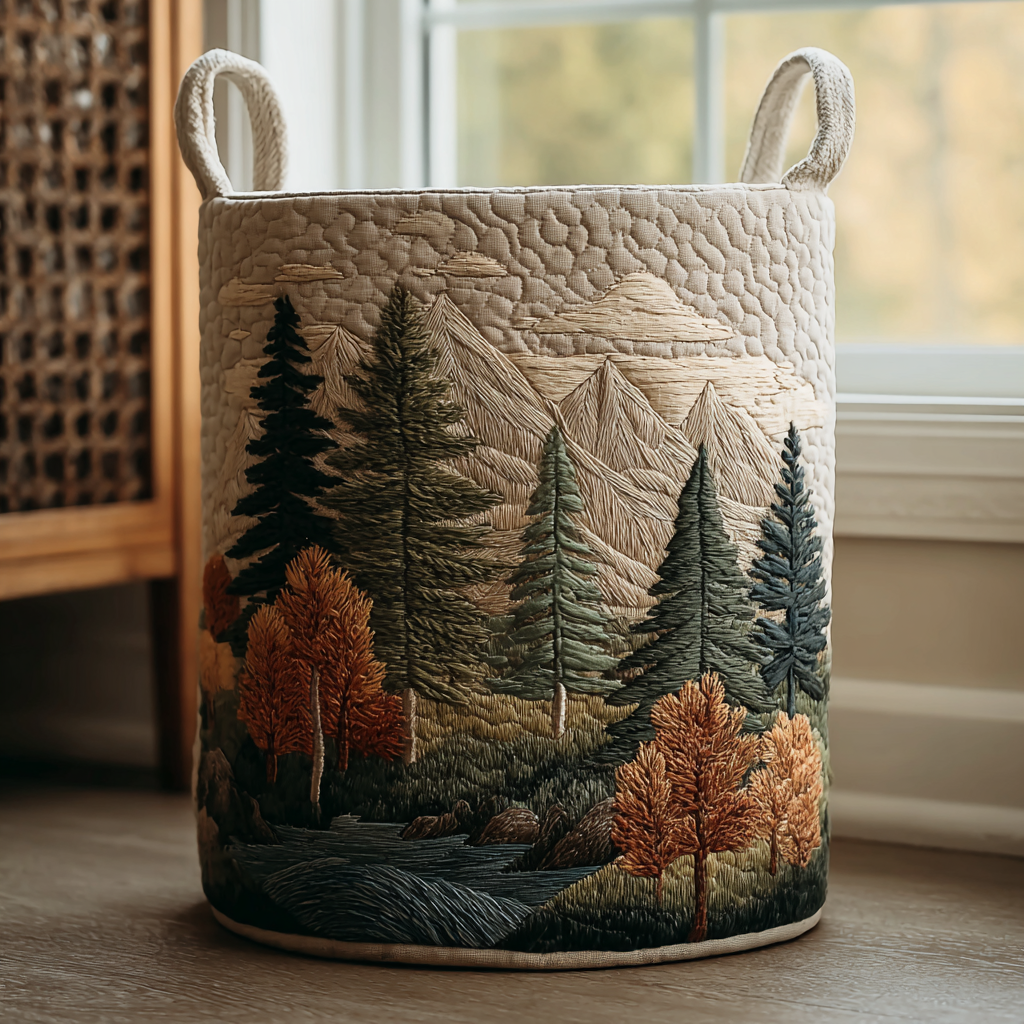 Embossed Quilted Laundry Basket with Nature Landscape