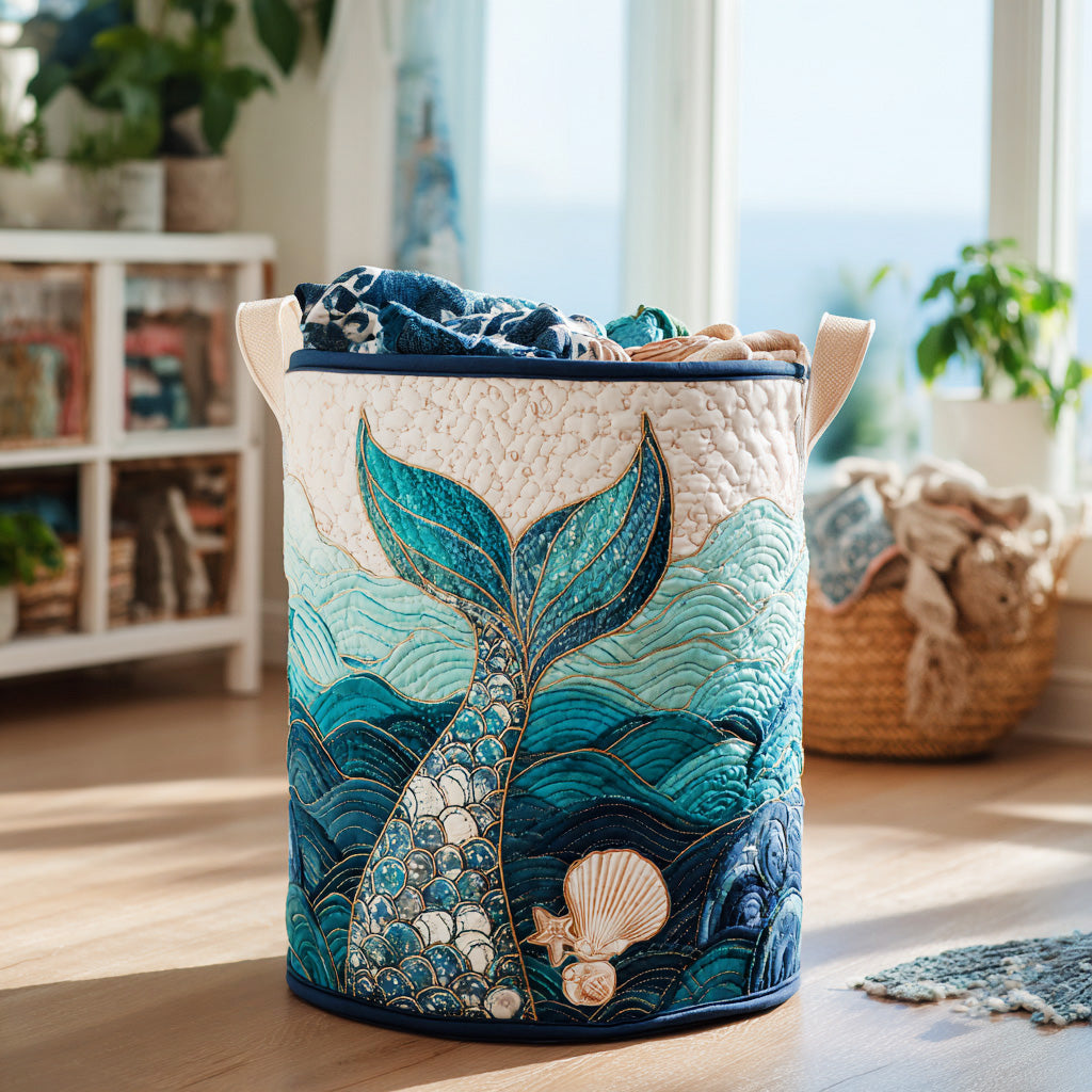 Quilted Laundry Basket with Ocean Waves