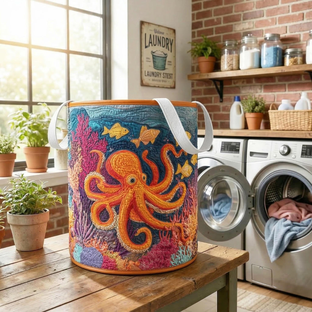 Quilted Laundry Basket with Octopus