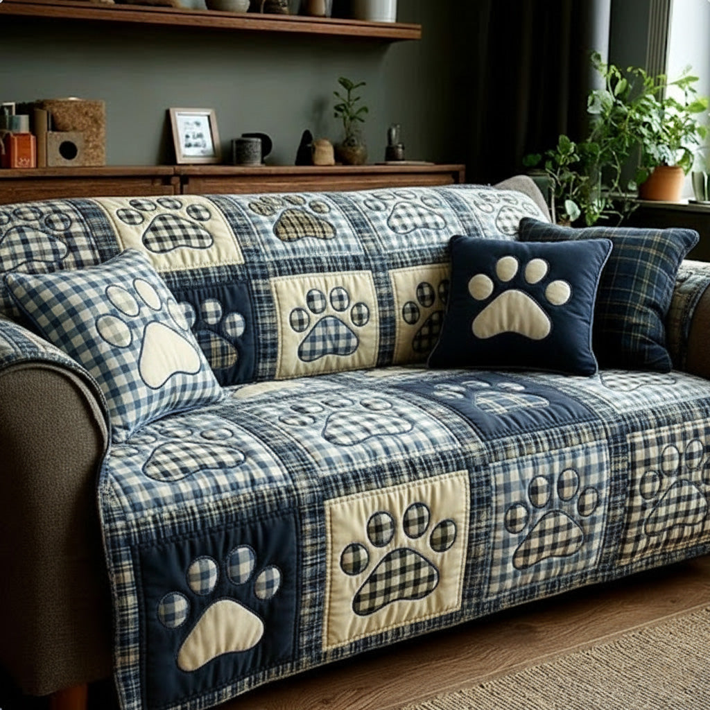 Quilted Sofa Cover with Paw Prints