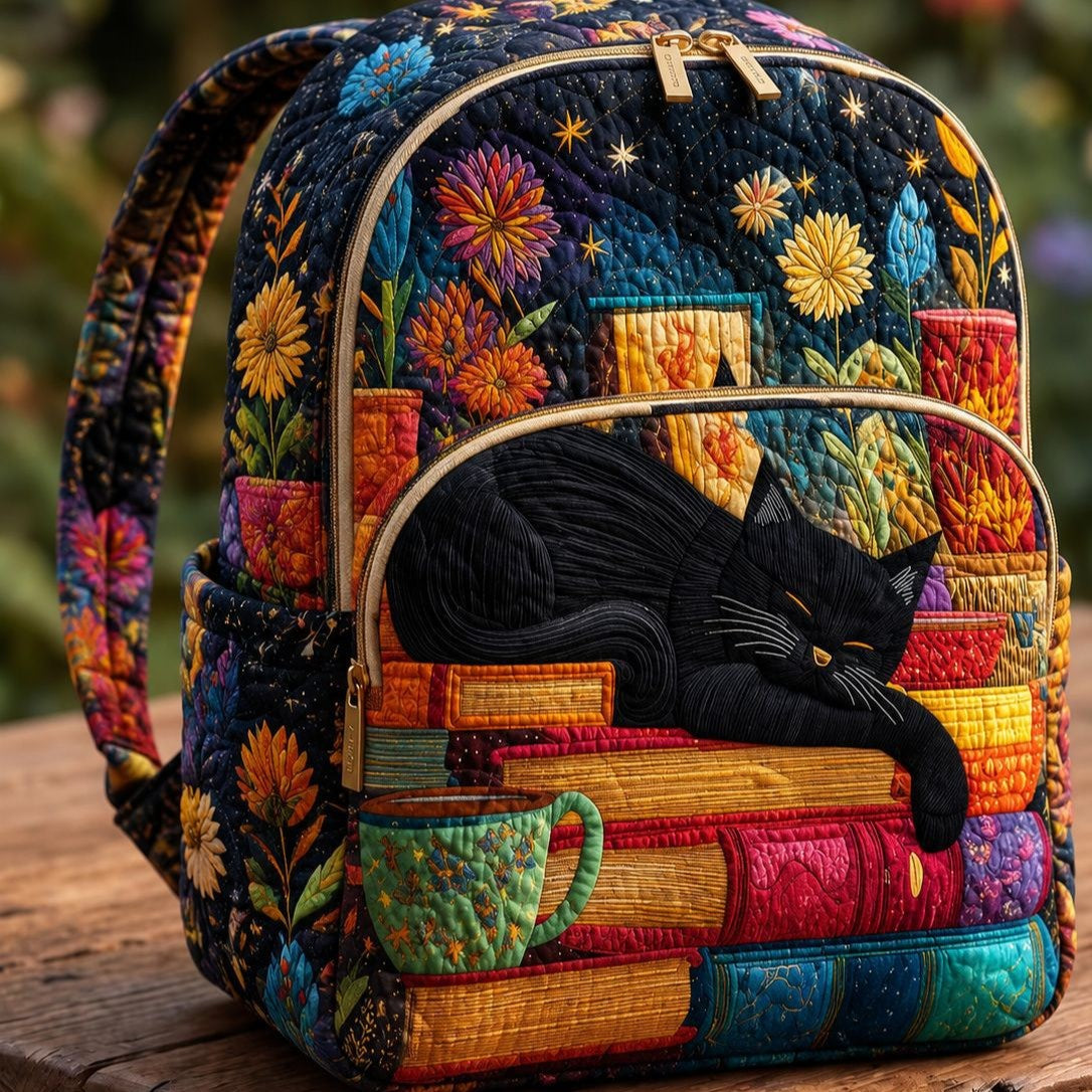 Quilted Backpack – Black Cat on Books