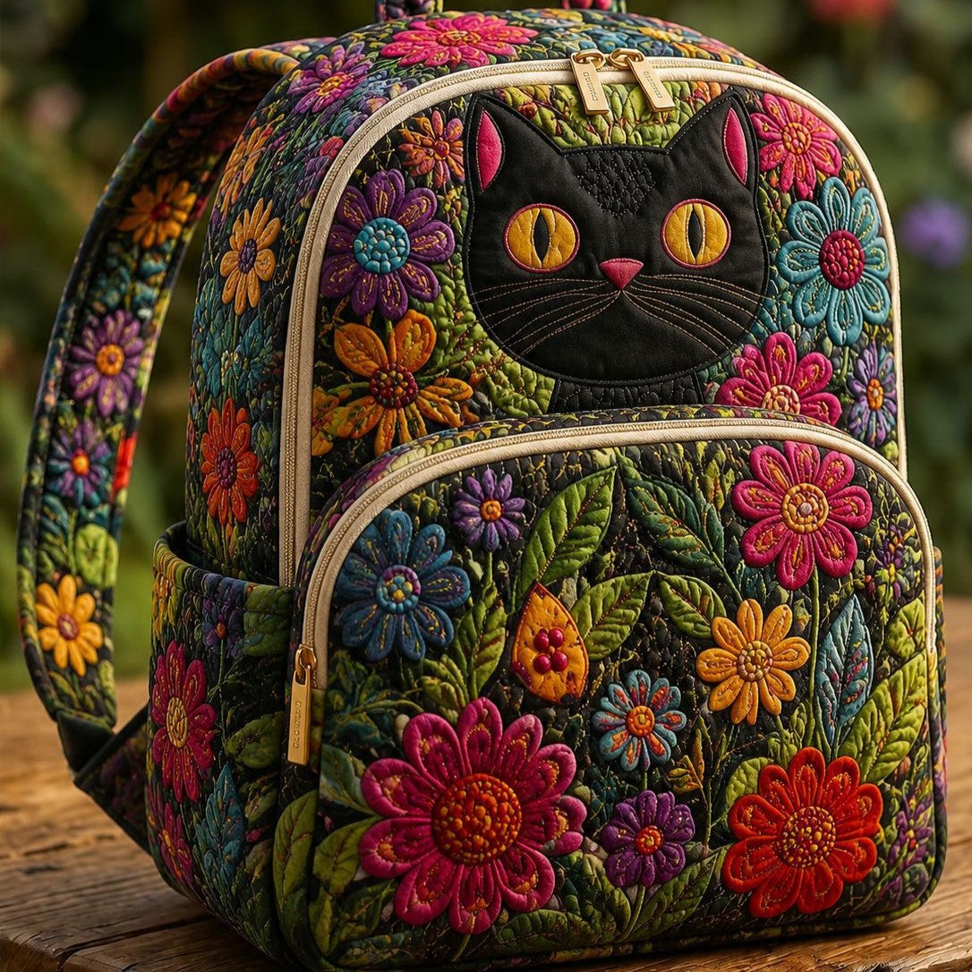 Quilted Backpack – Black Cat and Wildflowers