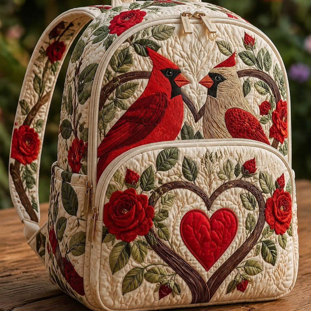 Quilted Backpack – Red Birds and Roses
