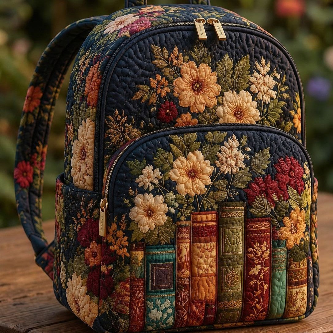 Quilted Backpack – Antique Books and Dark Blooms